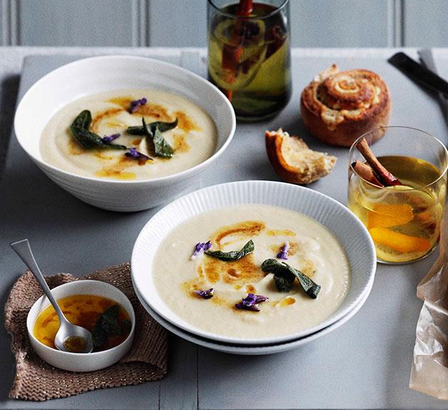 Roast garlic and parsnip soup with lemon butter and sage