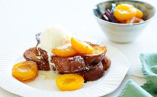 Gypsy toast with syrupy apricots and ice-cream