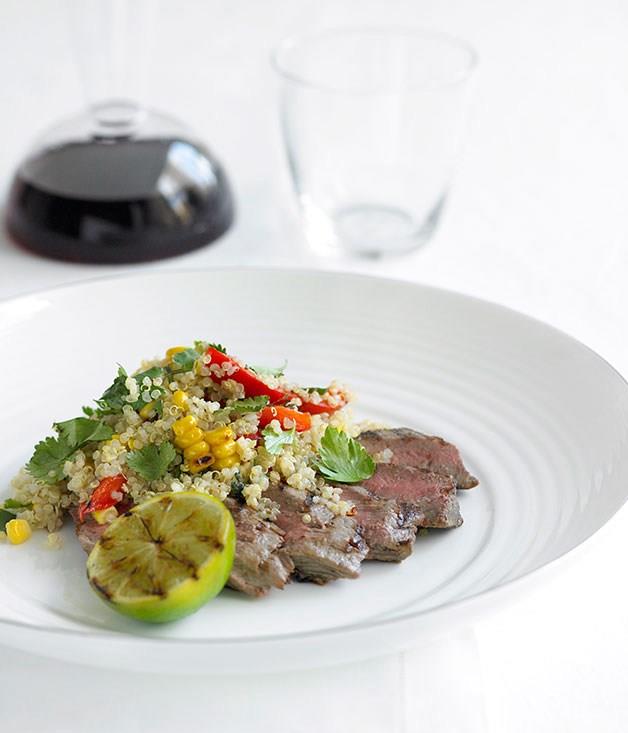 **Chargrilled lamb backstraps with corn and capsicum quinoa**
