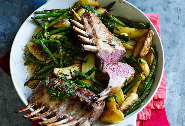 Pan-roasted lamb racks with baby potatoes, beans and mint
