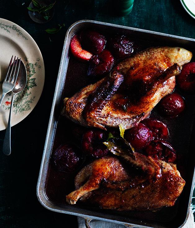 **[Duck roasted in Lambrusco with blood plums and bay](https://www.gourmettraveller.com.au/recipes/browse-all/duck-roasted-in-lambrusco-with-blood-plums-and-bay-11922|target="_blank")**