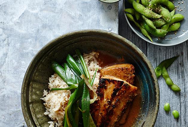 Miso-glazed mulloway with sesame rice and spring onion