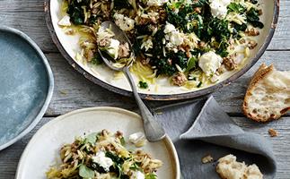 Orzo with pork, silverbeet and feta