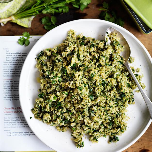 Green rice pilaf with coriander and onions recipe | Gourmet Traveller