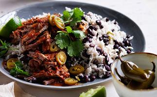 Cuban black beans and rice with pulled beef