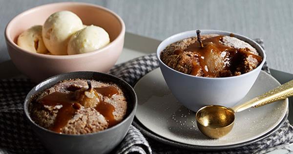Pear, pecan and caramel puddings recipe | Gourmet Traveller