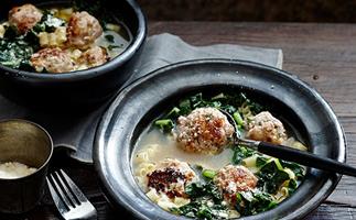 Veal and parmesan meatballs in broth with ditalini