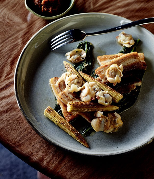 **[Pork belly with clams, cavolo nero namul and corn (samgyeopsal)](https://www.gourmettraveller.com.au/recipes/chefs-recipes/pork-belly-with-clams-cavolo-nero-namul-and-corn-samgyeopsal-8079|target="_blank"|rel="nofollow")**