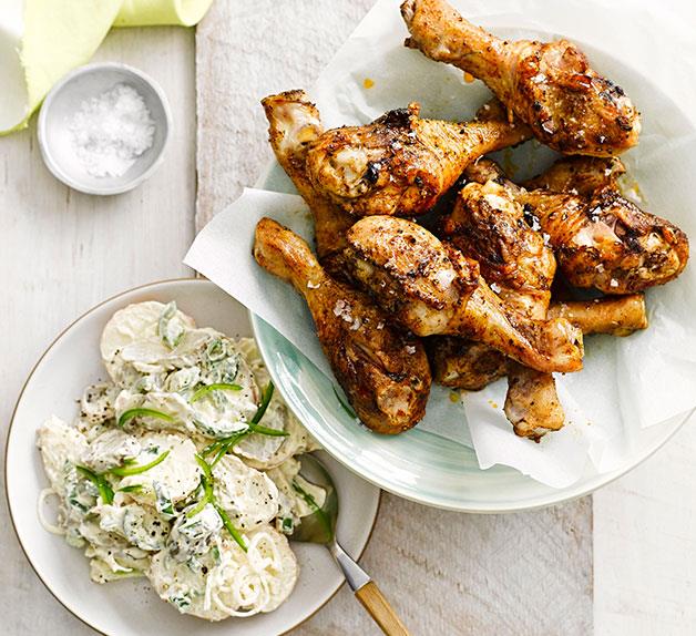 Spiced drumsticks with potato and pickle salad