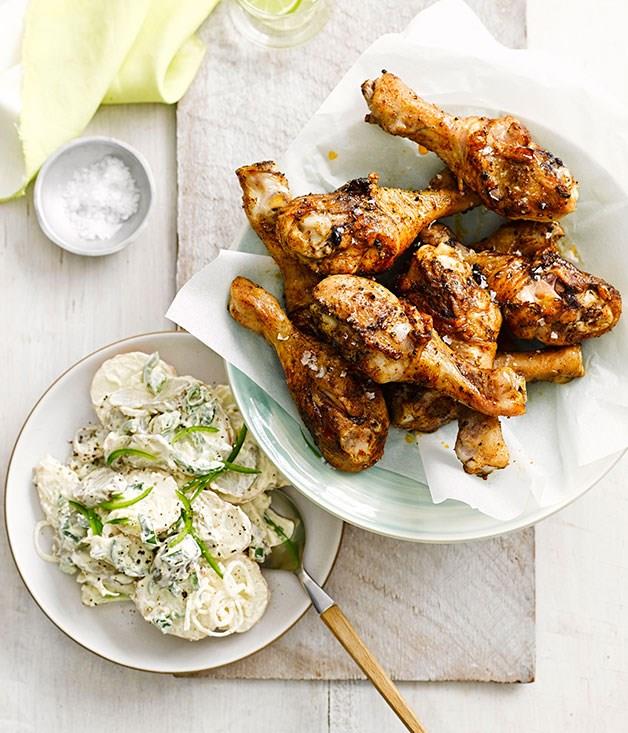 **Spiced drumsticks with potato and pickle salad**
