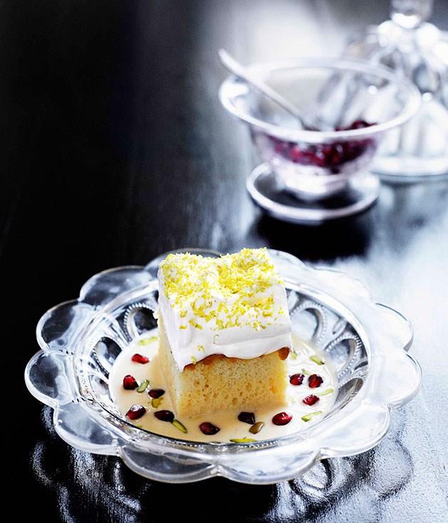 [**Milk cake with pomegranate and pistachio**](https://www.gourmettraveller.com.au/recipes/chefs-recipes/milk-cake-with-pomegranate-and-pistachio-7536|target="_blank")
