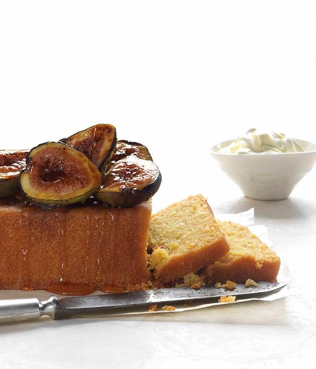 [**Polenta cake with burnt figs and honey**](https://www.gourmettraveller.com.au/recipes/browse-all/polenta-cake-with-burnt-figs-and-honey-10562|target="_blank")

