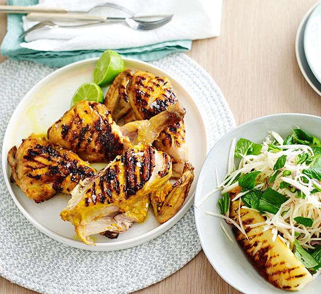 Grilled turmeric chicken with kohlrabi and pineapple