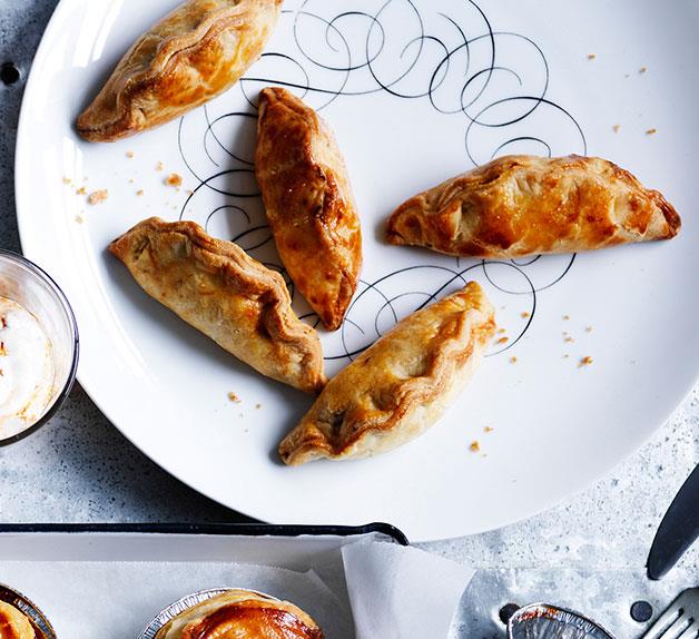 Spiced pasties with lime-pickle yoghurt