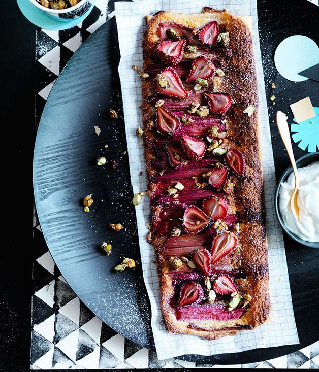 **[Rhubarb and strawberry tart with candied pistachio and fennel seeds](https://www.gourmettraveller.com.au/recipes/browse-all/rhubarb-and-strawberry-tart-with-candied-pistachio-and-fennel-seeds-12107|target="_blank")**