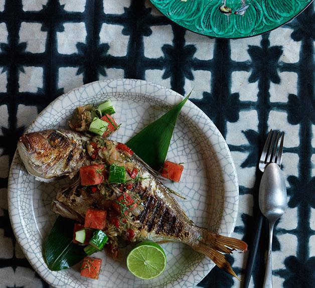 Grilled fish with sambal matah, watermelon and cucumber