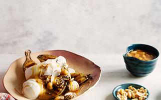 Char-grilled banana splits with salted peanut caramel