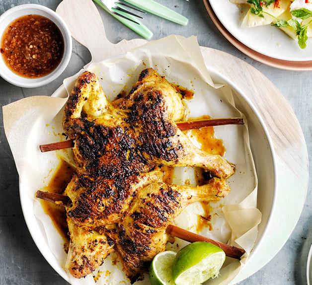 Sugarcane chicken with pineapple and coconut salad