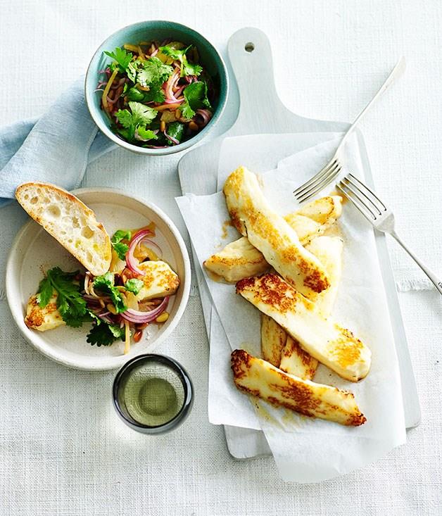 [**Fried haloumi with lemon, coriander and pine nuts**](https://www.gourmettraveller.com.au/recipes/fast-recipes/fried-haloumi-with-lemon-coriander-and-pine-nuts-13473|target="_blank")
