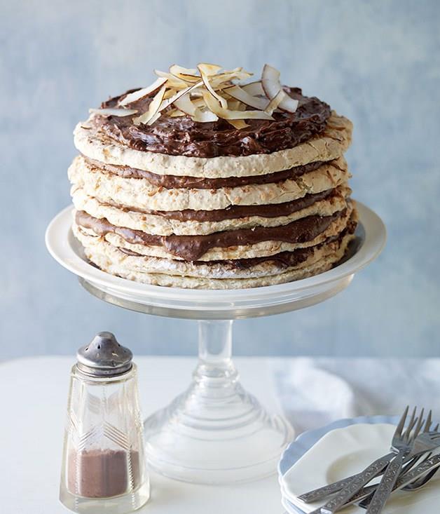 [**Choc-coconut macaroon cake**](https://www.gourmettraveller.com.au/recipes/browse-all/choc-coconut-macaroon-cake-11937|target="_blank")
