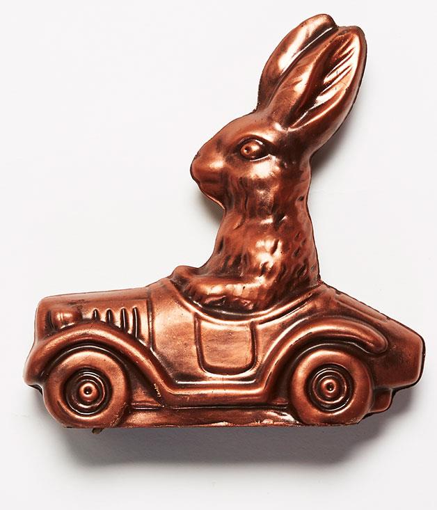 **Chocolate Bunny in Convertible**
Got your golden ticket? This Easter, take a ride of pure imagination with [Monsieur Truffe](http://www.monsieurtruffechocolate.com "Monsieur Truffe")'s metallic chocolate bunny. _Chocolate bunny available in 38% milk or 70% dark, $16_