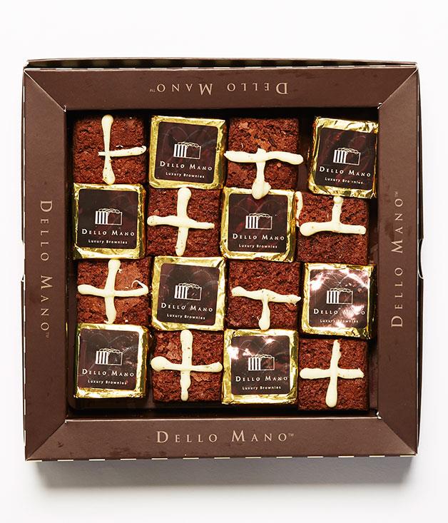 **Hot Crossed Brownies**
[Dello Mano](http://www.dellomano.com.au "Dello Mano") has reimagined the Easter classic as a fudgy brownie, made using Belgian couverture dark and white chocolate. They're best enjoyed warm with a hot pot of tea. Good luck stopping at one. _Gift box of 16 brownies, $59.40_