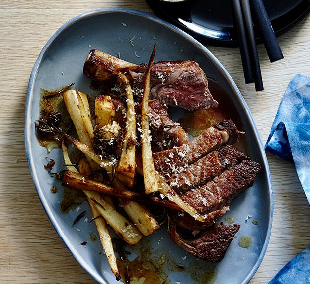 Rib-eye with roasted parsnips, anchovies and horseradish
