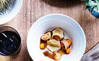 Sea urchin with chilled root vegetables braised in dashi