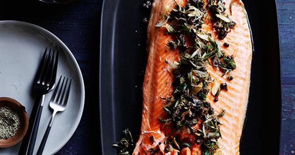 Roast trout with almond sauce, rosemary and capers recipe | Gourmet ...