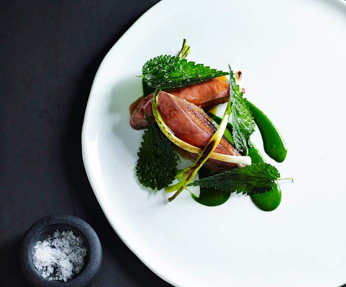 Slow-cooked duck breast with leeks and nettle sauce