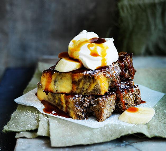 Bread and butter pudding with banana and butterscotch sauce