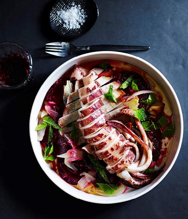 **[Frank Camorra's calamari cooked in olive oil with spiced beetroot salad](http://www.gourmettraveller.com.au/recipes/chefs-recipes/calamari-cooked-in-olive-oil-with-spiced-beetroot-salad-8299|target="_blank")**