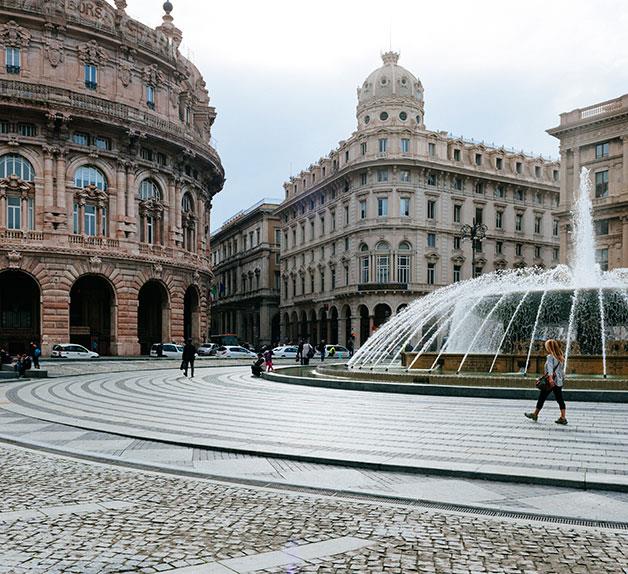 Piazza de Ferrari, the hub of city life in Genoa, Italy.