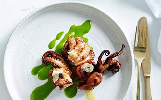 Tumbled octopus with smoked garlic, honey and green mustard