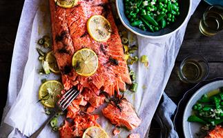 Slow-cooked ocean trout with peas, and Meyer lemon and fennel salsa