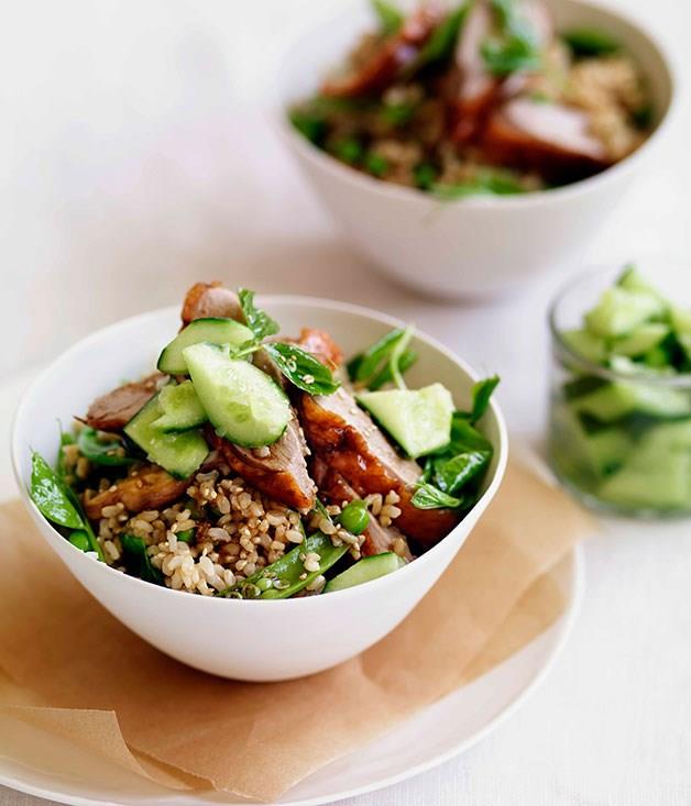 [**Chinese roast duck with brown rice, peas and cucumber**](https://www.gourmettraveller.com.au/recipes/fast-recipes/chinese-roast-duck-with-brown-rice-peas-and-cucumber-13333|target="_blank")
