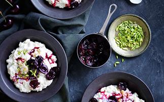 Chilled rice pudding with roasted cherries and pistachio