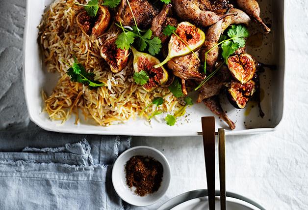 Spice-crusted quail with buttered rice and figs