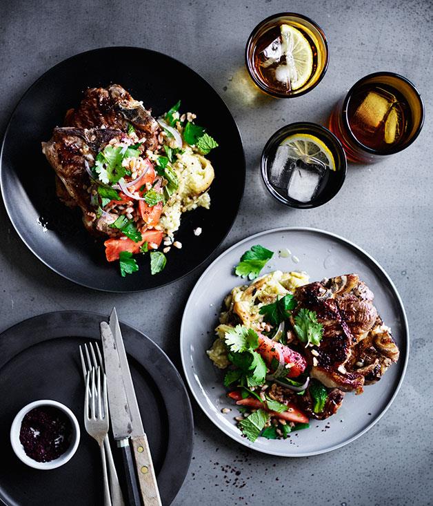 [**Lamb loin chops with smoky eggplant, and farro and tomato salad**](http://www.gourmettraveller.com.au/recipes/browse-all/lamb-loin-chops-with-smoky-eggplant-and-farro-and-tomato-salad-12434|target="_blank")