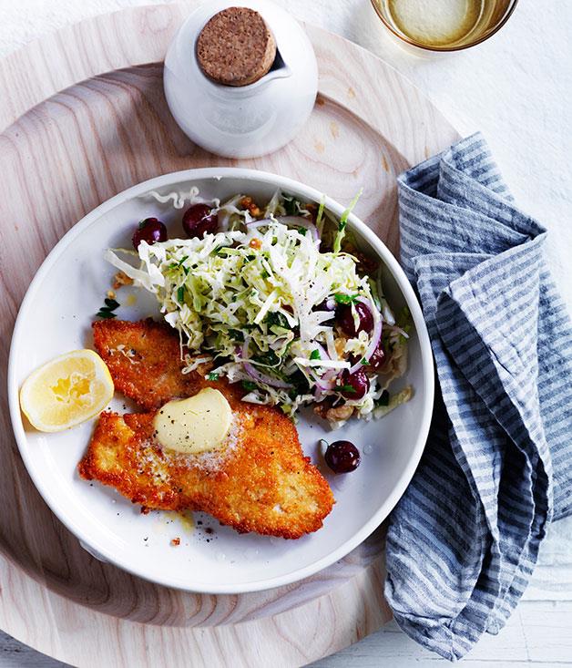 **[Chicken schnitzels with cabbage and grape salad](http://www.gourmettraveller.com.au/recipes/fast-recipes/chicken-schnitzels-with-cabbage-and-grape-salad-13692|target="_blank")**