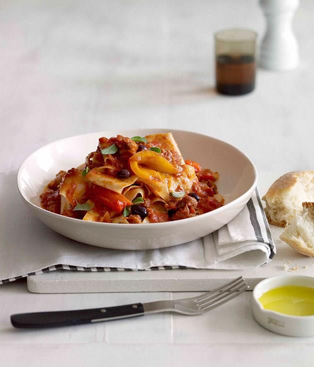 [**Nicky Riemer's pappardelle with salsiccia, roast pepper ragù and wild olives**](https://www.gourmettraveller.com.au/recipes/chefs-recipes/pappardelle-with-salsiccia-roast-pepper-ragu-and-wild-olives-7429|target="_blank")