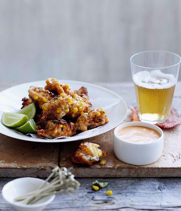 **Crab, corn and mint fritters with lemon-paprika mayonnaise**
