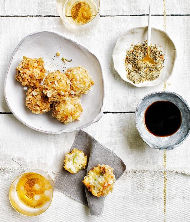 **Rice and crab fritters with genmaicha salt**
