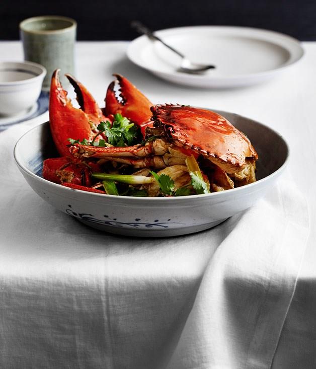 **Sautéed mud crab with ginger and spring onion (keong chung hai)**
