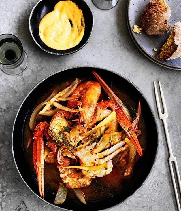 **Crab, prawn and fennel stew with rouille**
