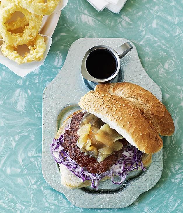 [**Pork burgers with pear relish and onion rings**](https://www.gourmettraveller.com.au/recipes/browse-all/pork-burgers-with-pear-relish-and-onion-rings-9930|target="_blank")
