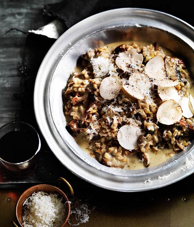 [**Farro risotto with mushrooms, leek and parmesan**](https://www.gourmettraveller.com.au/recipes/browse-all/farro-risotto-with-mushrooms-leek-and-parmesan-11505|target="_blank")
