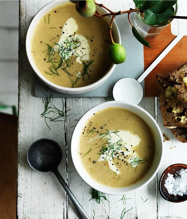 [**Cream of fennel and potato soup**](https://www.gourmettraveller.com.au/recipes/fast-recipes/cream-of-fennel-and-potato-soup-13615|target="_blank")
