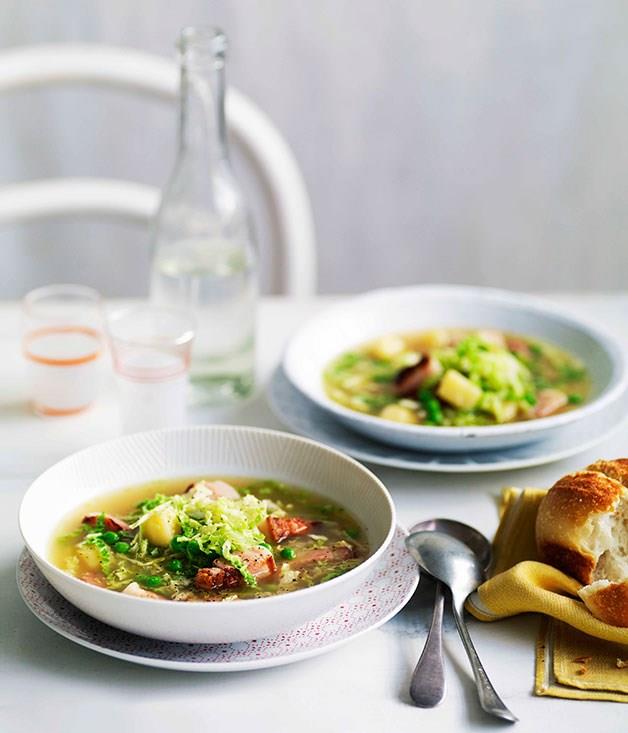 [**Speck, cabbage and pea soup**](https://www.gourmettraveller.com.au/recipes/fast-recipes/speck-cabbage-and-pea-soup-13218|target="_blank")
