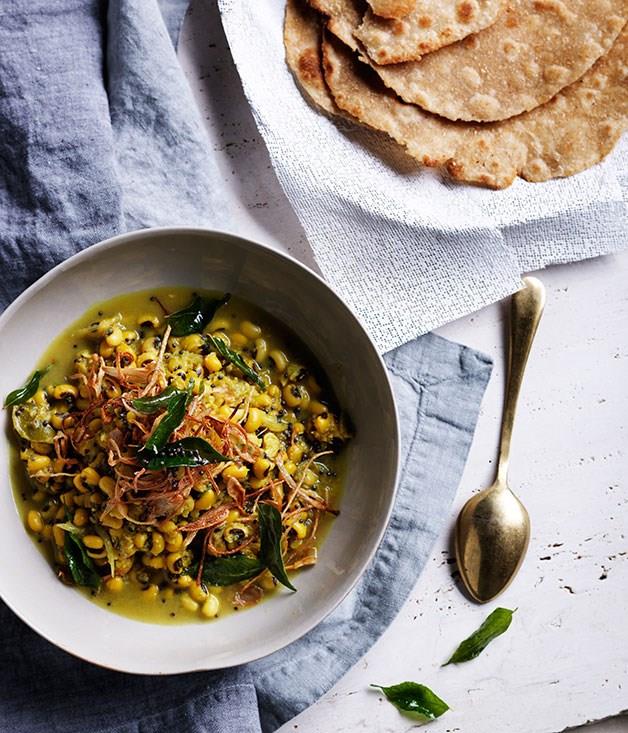 **Black-eyed pea curry with crisp shallots and curry leaves**
